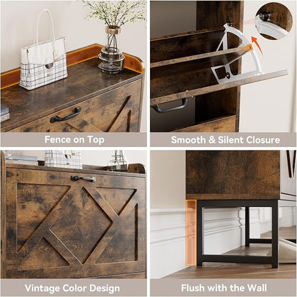 Nicetree Shoe Cabinet Organizer with 2 Flip Drawers, Freestanding Narrow Rack with Metal Legs, Farmhouse Slim Shoe Storage for Entryway, Foyer, Hallway, Rustic Brown