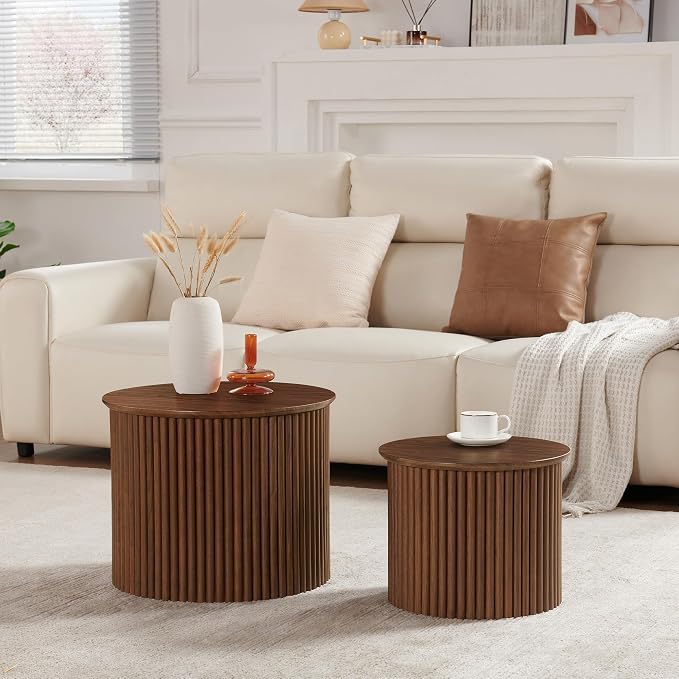 AVZEAR Round Nesting Coffee Table Set of 2, Small Fluted Coffee Table Circle Side Table, Mid Century Modern Wood Nesting Tables Farmhouse End Table Set for Living Room, Bedroom, Small Spaces(Walnut)
