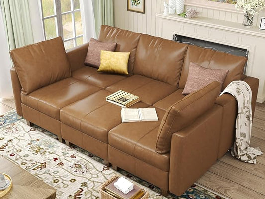 EASE MOOSE Faux Leather Modular Sleeper Couch Sectional Sofa Bed with Storage,Convertible Faux Leather Sectional Sofa,Brown