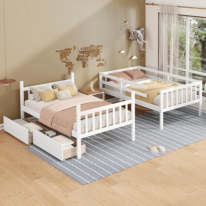 Harper & Bright Designs Twin Over Twin Bunk Bed with 2 Drawers, Convertible into 2 Twin Beds, Twin Bunk Bed with Ladder and Safety Guardrails, White