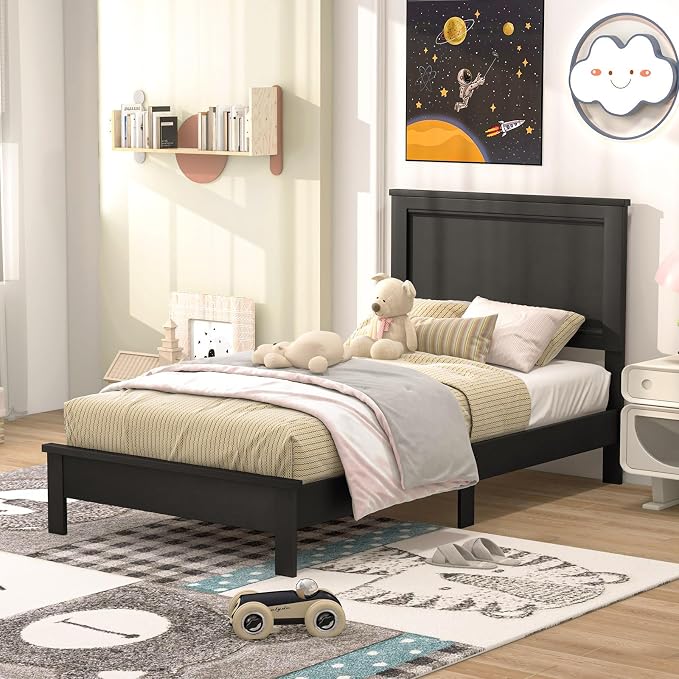 Giantex Wood Twin Bed Frames with Headboard, Mid Century Platform Bed Frame with Solid Wood Legs & Wooden Slat Support, Twin Bed Frames for Kids Adults, Black Bed