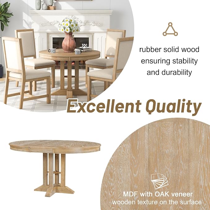 LUMISOL 42"-58" Extendable Round Dining Table for 4-6, Farmhouse Oval Kitchen Table with Removable Leaf for Kitchen, Dining Table, Small Space, Natural