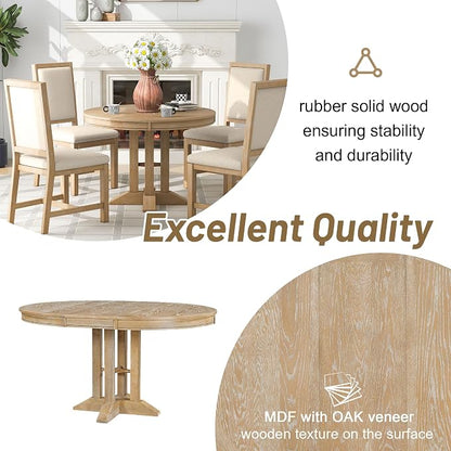 LUMISOL 42"-58" Extendable Round Dining Table for 4-6, Farmhouse Oval Kitchen Table with Removable Leaf for Kitchen, Dining Table, Small Space, Natural