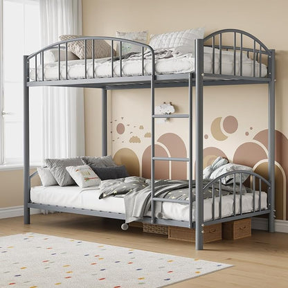GarveeHome Metal Bunk Bed Twin Over Twin, Heavy Duty Bunkbeds Frame with Arched Guardrail and Safety Ladder, Sturdy Steel Bed for Kids Boys Girls, Space-Saving, No Box Spring Needed, Gray