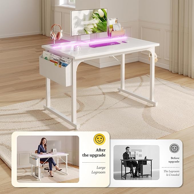 DurayLoly 40" Computer Desk with Waterproof LED Lights,Bedroom Study Desk for Teens,Dorm Room Essentials,Headphone Hook&Storage Bag for Small Spaces,Sturdy Metal Frame,White