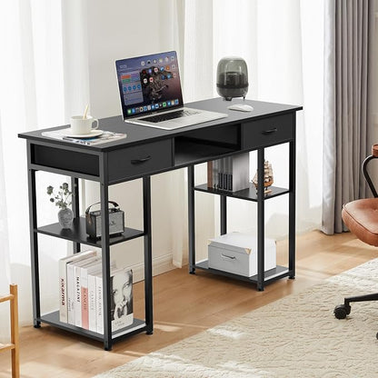 DUMOS 48" Small Computer Home Office Desk for Bedroom with Drawers, Gaming Writing Study Table with Storage Shelf, Adjustable Feet, Compact Desk for Gaming and Home Office Use, Black
