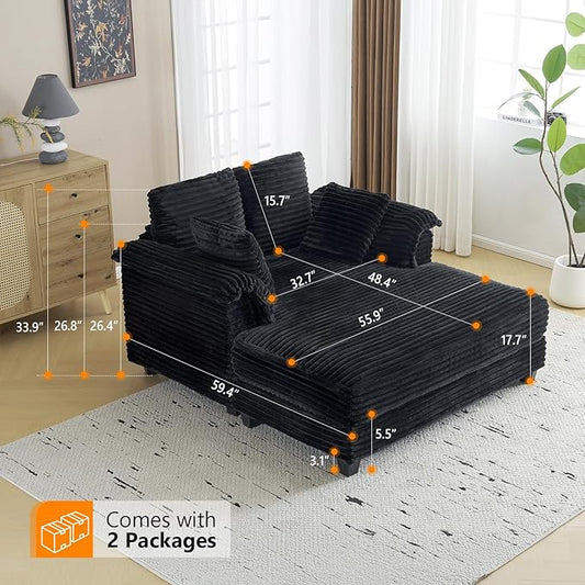 VINGLI 56" Oversized Chaise Lounge Chair, Black Comfy Corduroy Chaise Sofa Recliner Bed Upholstered Sleeper Couch Bed with Throw Pillows and Armrests for Living Room, Movie Room, Bedroom