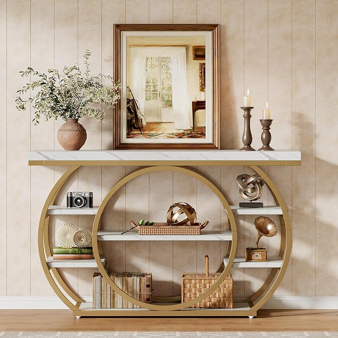 Tribesigns 47" Industrial Entryway Table with Staggered 5-Tier Shelf | Narrow Console Table with Metal Frame, Sofa Table for Living Room Entryway, Hallway, Foyer, White & Gold
