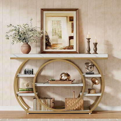Tribesigns 47" Industrial Entryway Table with Staggered 5-Tier Shelf | Narrow Console Table with Metal Frame, Sofa Table for Living Room Entryway, Hallway, Foyer, White & Gold