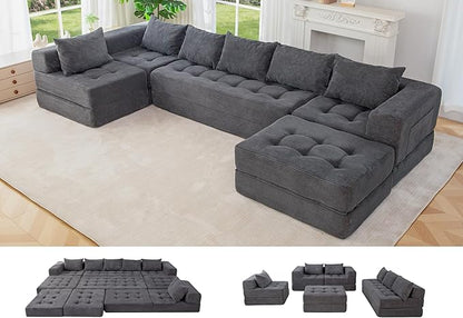 MAXYOYO Modular Sectional Sofa Couch, Foldable U Shaped Cloud Couch with Pillows, Tufted 7-Seat Boneless Lounger Floor Sofa Bed for Living Room, No Assembly Required, Dark Grey