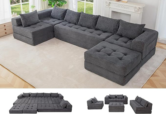 MAXYOYO Modular Sectional Sofa Couch, Foldable U Shaped Cloud Couch with Pillows, Tufted 7-Seat Boneless Lounger Floor Sofa Bed for Living Room, No Assembly Required, Dark Grey