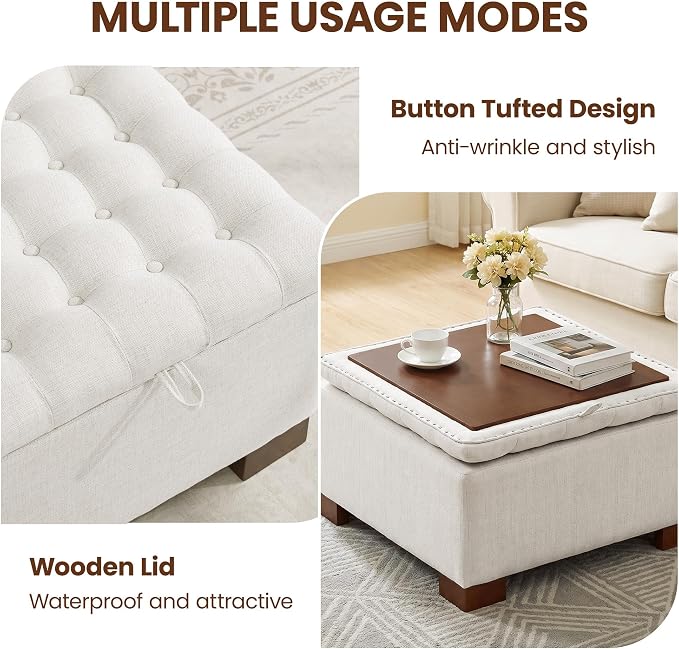 30 Inch Square Storage Ottoman Coffee Table, Modern Tufted Upholstered Ottoman with Flip Tray and Solid Wood Legs, Suitable for Living Rooms, Linen Beige