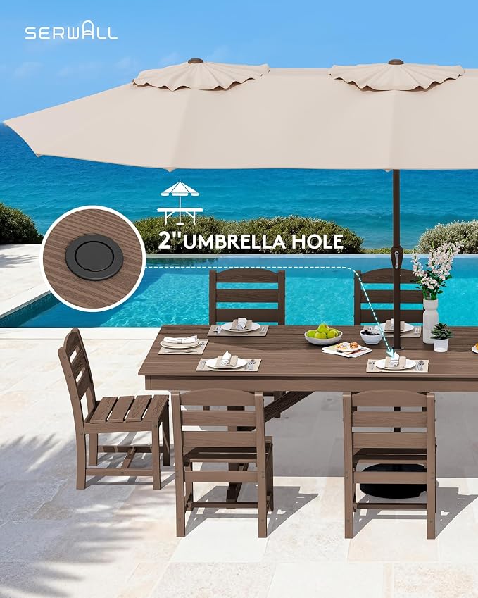 SERWALL 9 Piece 84" HDPE Outdoor Dining Set for 8 with Armless Chairs and Umbrelle Hole, Brown