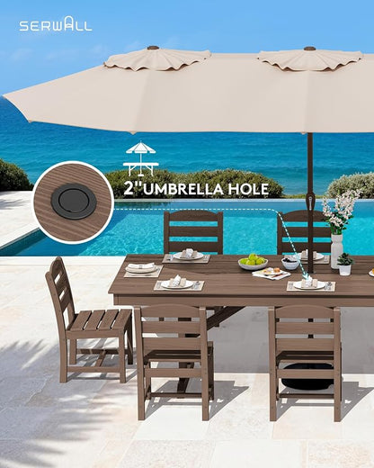 SERWALL 9 Piece 84" HDPE Outdoor Dining Set for 8 with Armless Chairs and Umbrelle Hole, Brown
