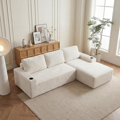 104" L Shaped Boneless Sectional Couches for Living Room, Comfy Corduroy Floor Cloud Sofa with Chaise and Cup Holder, Wide Armrest, Deep Seat, Assembly Free, Ideal for Small Spaces, Beige