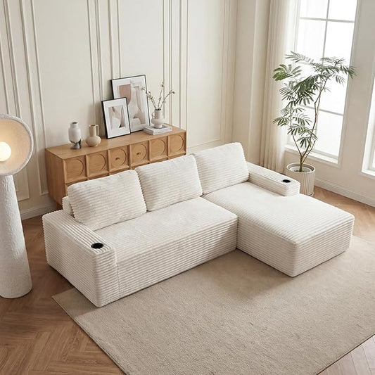 104" L Shaped Boneless Sectional Couches for Living Room, Comfy Corduroy Floor Cloud Sofa with Chaise and Cup Holder, Wide Armrest, Deep Seat, Assembly Free, Ideal for Small Spaces, Beige