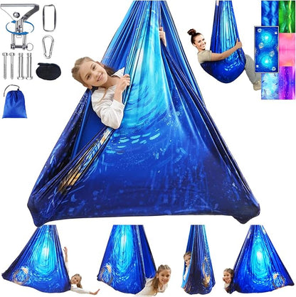 Sensory Swing for Kids and Adults Indoor & Outdoor Double Layer Therapy Cuddle Holds up to 300lbs Adjustable Hammock Chair with 360° Swivel Hanger Kit Effect for Aspergers Autism ADHD(Ocean Blue)