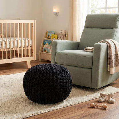 BIRDROCK HOME Round Pouf Ottoman Foot Rest - 18.5”x18.5”x15” Boho Compact Comfortable Soft Cotton Braided Foot Stool with Bean Bag Filling for Living Room, Bedroom, or Nursery (Black)
