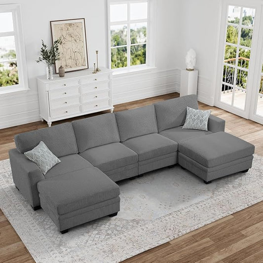 Legend Vansen Oversized Modular Sectional Sofa,6 Seat U Shaped Couch with Ottoman,Corduroy Sofa with Deep Seat,Convertible Large Sectional Couches for Living Room (Grey, U-6)