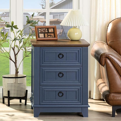 Joaxswe 18" Farmhouse Night Stand with 3 Drawers, Wood End Table Dresser for Bedroom, Navy Blue Nightstand, Bed Side Table with Metal Handle, Bedside Cabinet for Bedroom Living Room, Closet