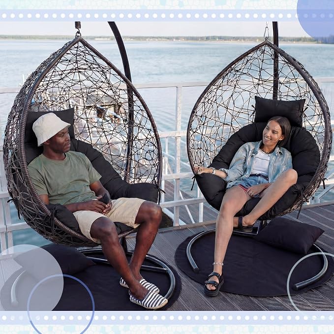 Tudomro Waterproof Egg Chair Cushion with Pillow Filling 2.58 kg Replacement Rocking Wicker Chair Cushion 48" x 32" High Back Hanging Swing Hammock Pad Thicken for Outdoor Patio Garden(Black)