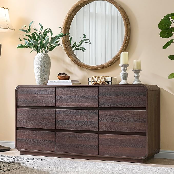 Standifurno 9 Drawer Double Dresser for Bedroom, Modern Curved Wood Chest Drawers of Handleless, Large Storage Dresser Bedroom, Living Room, Entryway, Walnut