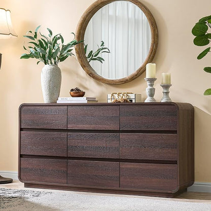 Standifurno 9 Drawer Double Dresser for Bedroom, Modern Curved Wood Chest Drawers of Handleless, Large Storage Dresser Bedroom, Living Room, Entryway, Walnut