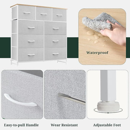 9-Drawer Dresser for Bedroom, Anti-Tip Tall Storage Organizer Chest of Drawers with Wooden Top and Metal Frame Fabric Bins for Closet, Living Room, Hallway, Entryway, Light Gray