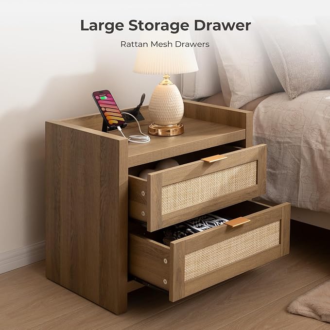 SICOTAS Bed Night Stand Set of 2 - Rattan Nightstands with Type-C Charging Station, 2 Storage Drawers - Boho Bedside Tables End Table for Small Space - Natural Oak