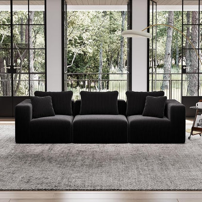 Avenco 106” 3-Seater Modular Sofa Couch, Individually Wrapped Coil Support & Corduroy Fabric, Zero Assembly 3-Piece Set for Apartment, Black