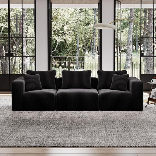 Avenco 106” 3-Seater Modular Sofa Couch, Individually Wrapped Coil Support & Corduroy Fabric, Zero Assembly 3-Piece Set for Apartment, Black