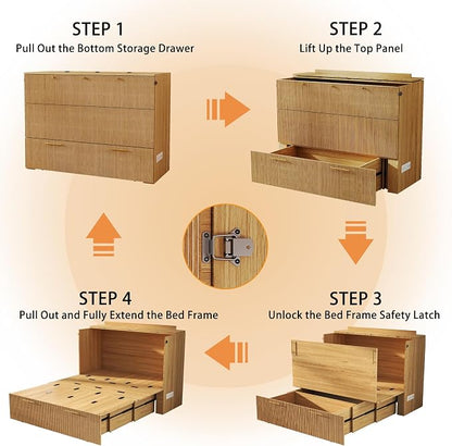 Full Size Murphy Bed Cabinet: Oak Folding Murphy Bed for Small Spaces, Wood Hidden Beds Cabinet with Charging Station, Modern 2 in 1 Hideaway Beds Cabinets (Oak-Fluted)