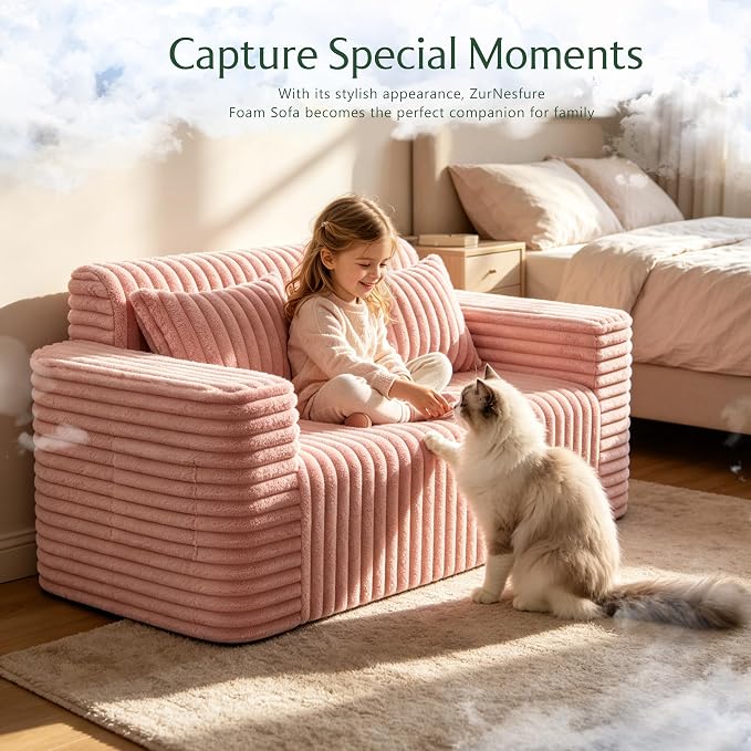 ZurNesfure Sofa Couch Cloud Loveseat, Memory Foam Couch with Pillow No Assembly Need, Modern Couch with deep seat and Washable Cover Boneless Sofas for Living Room Bedroom Apartment (Pink,Loveseat)