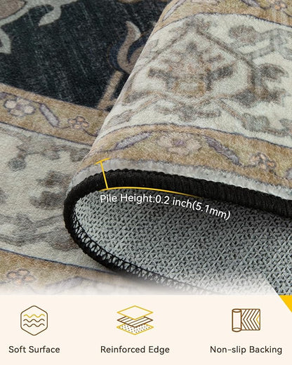 RELEANY Area Rugs Round 5ft Washable Non-Slip, Floral Vintage Distress Medallion Carpet for Living Room Bedroom Dining Room, Vintage Black Brown Neutral