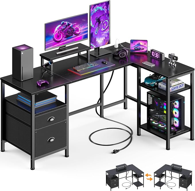 Furologee 50 Inch L Shaped Gaming Desk with Power Outlet, Corner Computer Desk for Home Office, Reversible Work Study Table with File Drawer, Monitor Stand, Storage Shelves, Black
