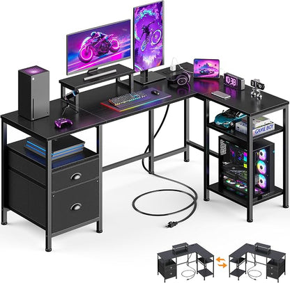 Furologee 50 Inch L Shaped Gaming Desk with Power Outlet, Corner Computer Desk for Home Office, Reversible Work Study Table with File Drawer, Monitor Stand, Storage Shelves, Black