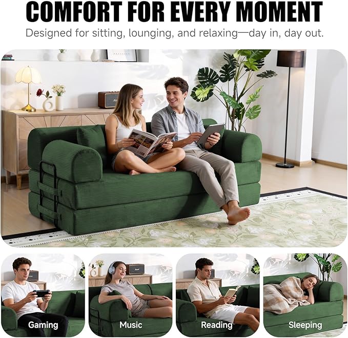 78.8" Boneless Memory Foam Couch, Corduroy Convertible Floor Sofa Bed, Fold-Out Sleeper Futon Loveseat, Wide Armrests & Supportive Back, 1200 lb, Couch in a Box, 2 Pillows, Dark Green