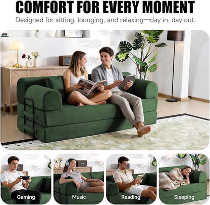78.8" Boneless Memory Foam Couch, Corduroy Convertible Floor Sofa Bed, Fold-Out Sleeper Futon Loveseat, Wide Armrests & Supportive Back, 1200 lb, Couch in a Box, 2 Pillows, Dark Green