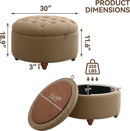 WUTUTUEE 30Inch Round Storage Ottoman with Tray, Modern Tufted Fabric Circle Coffee Table with Storage, Upholstered Ottoman with Removable Top for Living Room, Bedroom, Brown