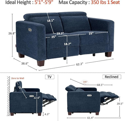 MCombo 62.2'' Reclining Loveseat, Wall Hugger Power Loveseat Recliner Sofa with Adjustable Headrest, USB A & C Charge Ports, Wood Legs, for Living Room (Fabric, HL198M1) (Navy Blue)