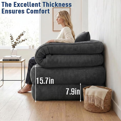 Folding Sofa Bed, Convertible Sleeper Chair with Armrests for Adults, Foldable Corduroy Boneless Bed, 3-in-1 Portable Futon Couch Floor Sofa with Pillow for Bedroom, Living Room, Dark Gray