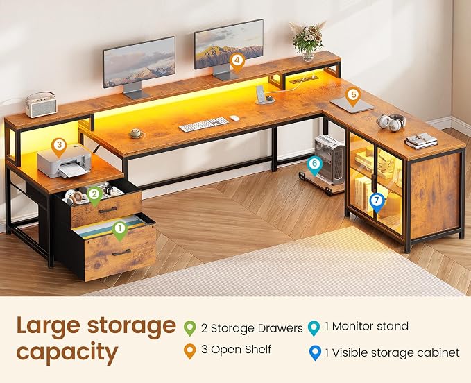 SEDETA 78.7” Large L Shaped Desk with Storage Drawers, Office Desk with File Drawer and Display Cabinet, L Shaped Gaming Desk with Storage, Power Outlet and LED Lights for Home Office, Rustic Brown