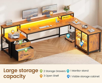 SEDETA 78.7” Large L Shaped Desk with Storage Drawers, Office Desk with File Drawer and Display Cabinet, L Shaped Gaming Desk with Storage, Power Outlet and LED Lights for Home Office, Rustic Brown