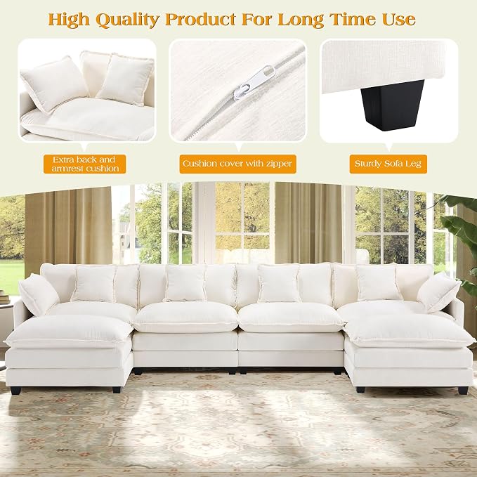 149.2" Modular Sectional Sofa,U Shaped Couch for Living Room,Modern Deep Seat Sofa 3 Seater Chenille Fabric Comfy Cloud Couches with Throw Pillows & Movable Ottoman