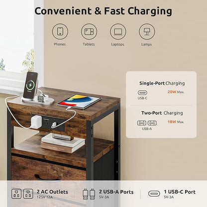 Lazzanto NightStand Bedside Charging Table Bedroom - Night Stand with Charger Station, Modern Nightstand with Open Shelf & 3 Fabric Drawers, Bed Side Table USB-C Port for Dorm Living Room