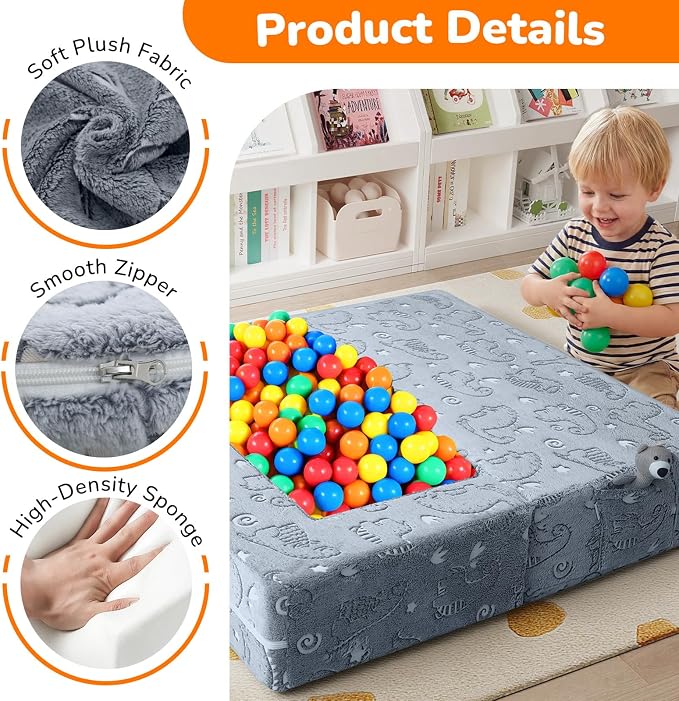 MeMoreCool Dinosaur Glow Foam Kids Play Couch Set, Gray Modular Sofa & Lounger – Glow-After-Light Dinosaur Pattern, Machine-Washable Cover