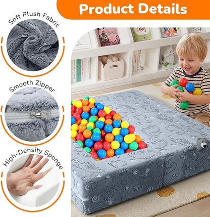 MeMoreCool Dinosaur Glow Foam Kids Play Couch Set, Gray Modular Sofa & Lounger – Glow-After-Light Dinosaur Pattern, Machine-Washable Cover