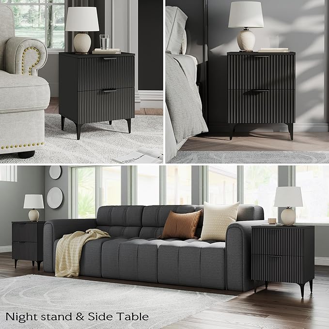 SUNWAVE Black Fluted Nightstand Set of 2, Modern Night Stands with 2 Drawers, Bedside Table for Twin/Full/Queen Bed, End Table with Robot-Friendly Metal Legs for Bedroom, Living Room
