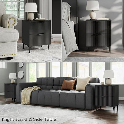 SUNWAVE Black Fluted Nightstand Set of 2, Modern Night Stands with 2 Drawers, Bedside Table for Twin/Full/Queen Bed, End Table with Robot-Friendly Metal Legs for Bedroom, Living Room