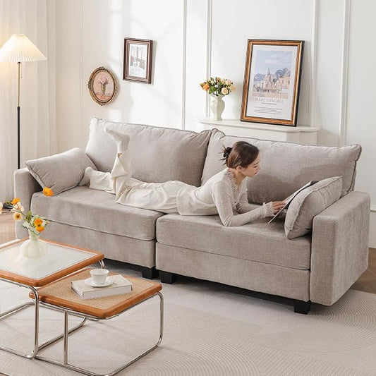 94'' Modular Sectional Sofa with All Seats Storage,Oversized 3-Seater Comfy Couches with Throw Pillows,Big Loveseat for Living Room,Bedroom,Chenille,Khaki